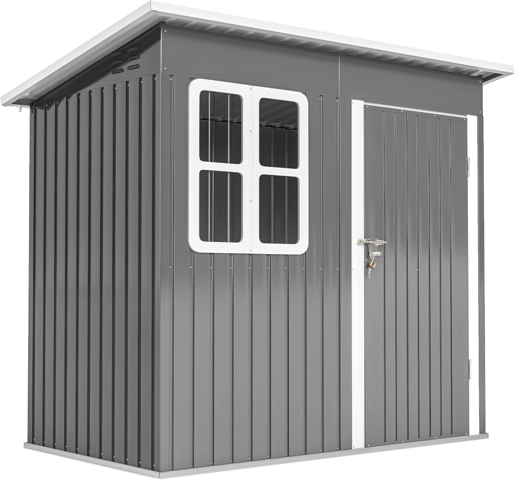 Casetta da Giardino Porta Attrezzi in Lamiera Acciaio Zincato, 2.55m² Capanno da Giardino con Porta Blocco Tetto Inclinato, Capannone per Prato, Patio, Cortile, Esterno, 221x133x190cm, Grigio