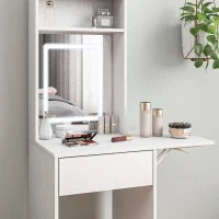 Tavolo da Trucco Compatto con Specchio e Illuminazione a LED, Piano Pieghevole, Mensole Aperte, Cassetto, MDF, Bianco