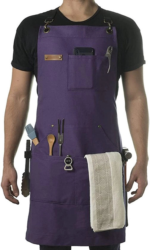 Schort in canapa spesso, cinturoni incrociati per abbigliamento da lavoro per parrucchieri, schort per falegnameria, contiene un schort, modello in canapa viola