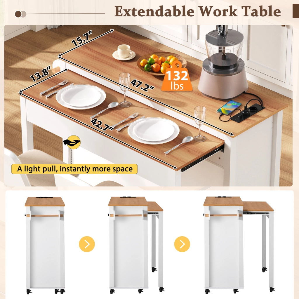 Isola da Cucina con Piano Estensibile; Vano per Pattumiera e Prese; per Cucina e Sala da Pranzo; in MDF; 120x40-75x92 cm; Bianca