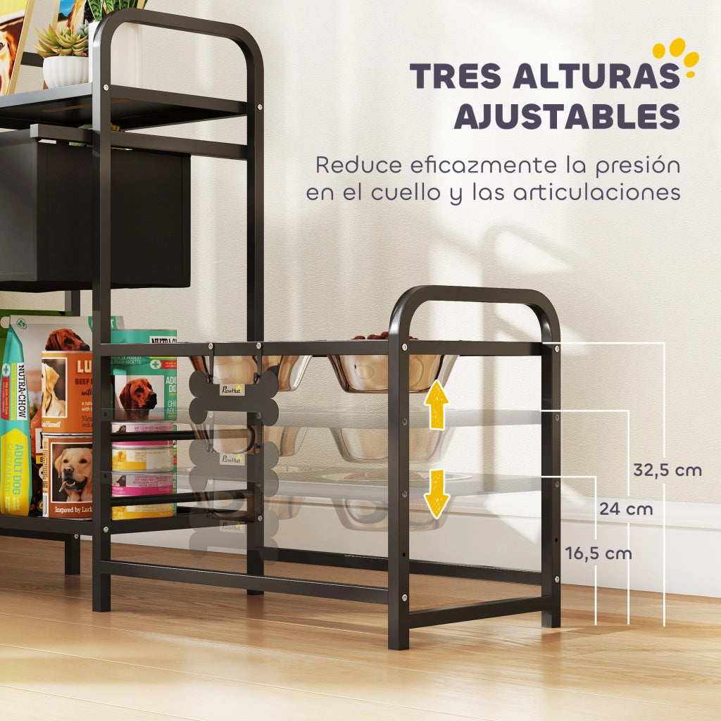 Ciotola Rialzata per Cani con Cassetto in Tessuto 2 Ciotole in Acciaio Inox 2x800ml Altezza Regolabile ¨C Xylo ¨C Nero