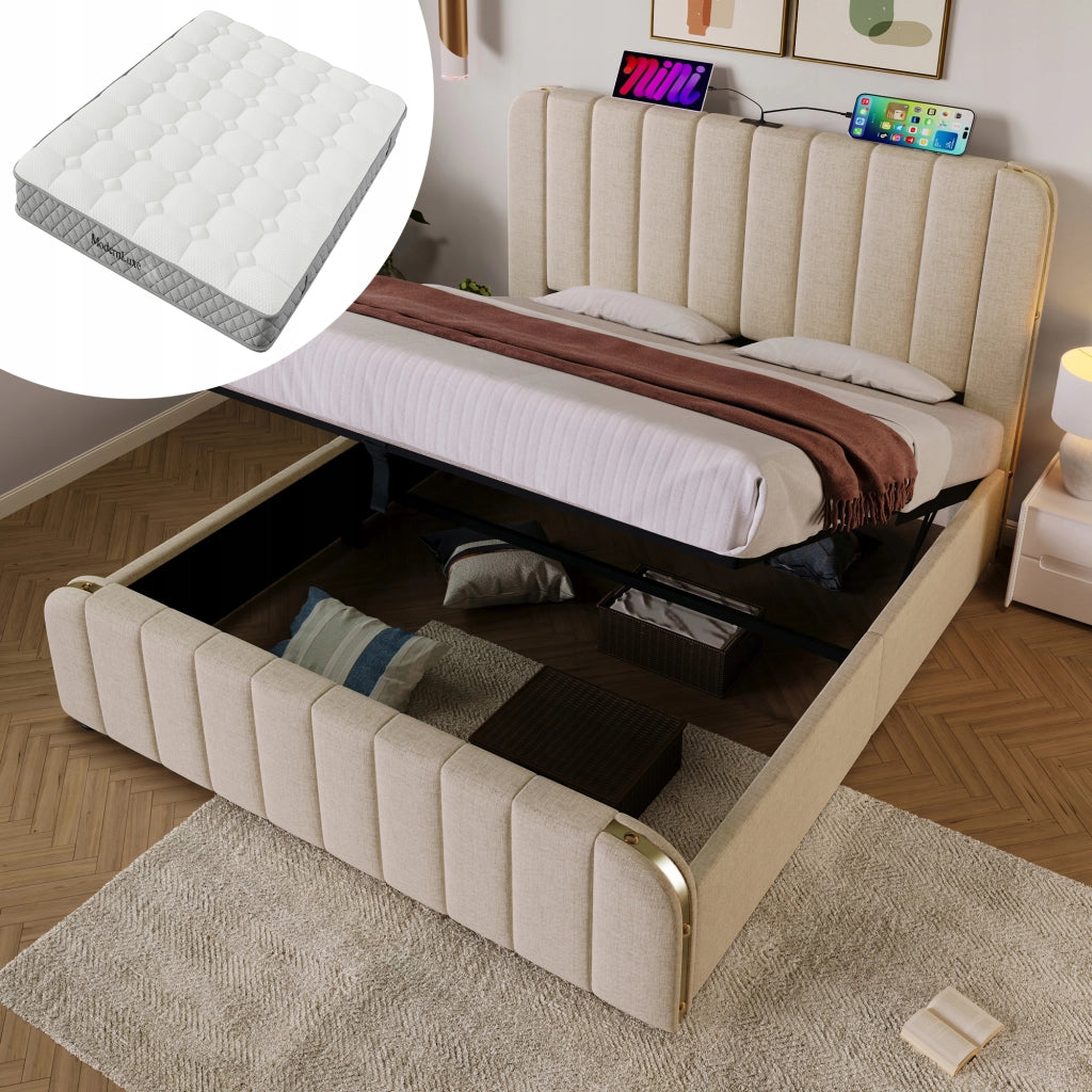 Letto imbottito 140x200 - Xylo - Beige, con testiera sollevabile