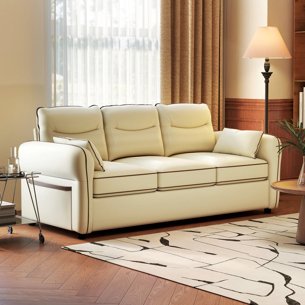 Divano 3 Posti in Similpelle Imbottito con Cuscini ¨C Zephmum ¨C Beige 190x83x90
