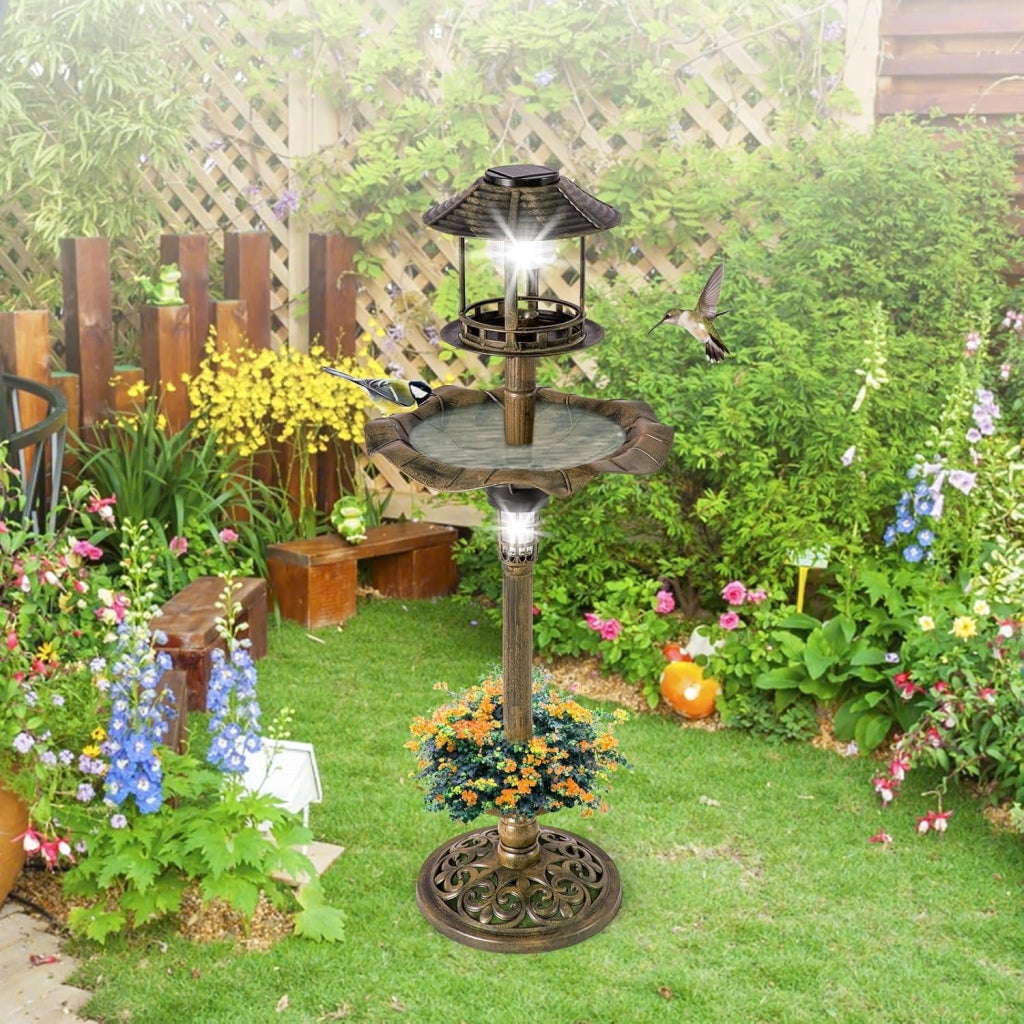Vasca per Uccelli da Giardino a Energia Solare, Abbeveratoio e Mangiatoia per Uccelli da Esterno con 2 Lampade a Energia Solare, Fioriera e Supporto Riempibile(Bronzo Antico, 43 x 43 x 110 cm)
