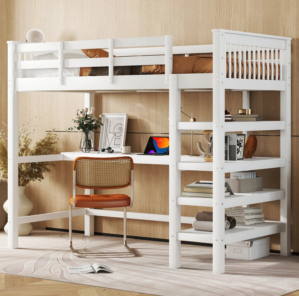 Letto a soppalco ULEVR 90x200 cm con scrivania, ripiani e scala integrata, bianco