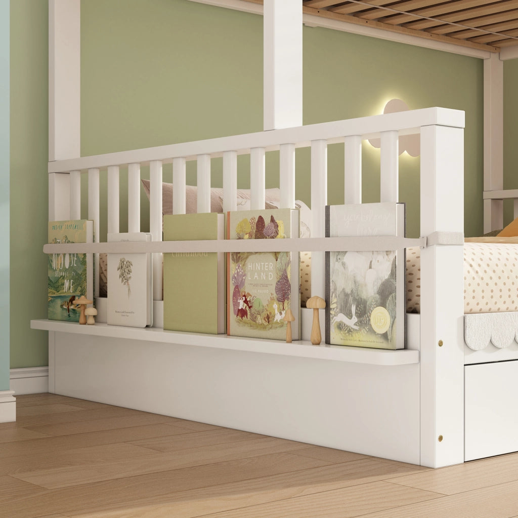 Letto a castello 90x200/140x200 cm con cassetti e portariviste bianco HAVRYA
