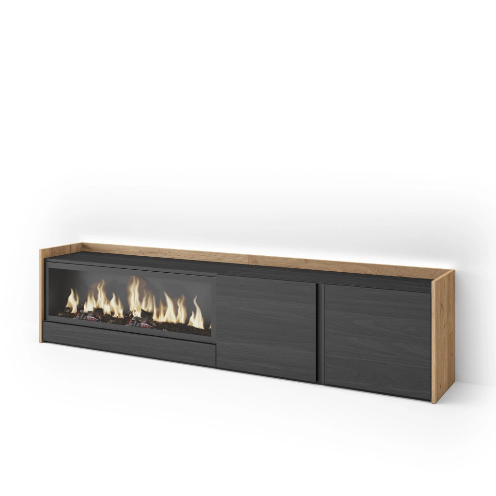 Mobile TV Soggiorno, 212x50x35 cm, Per TV fino a 80", Camino elettrico XXL, LED, Nero e rovere