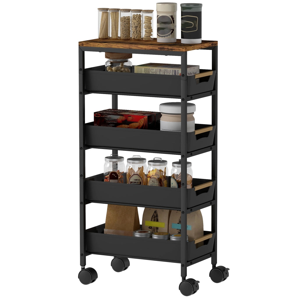 Carro da cucina con cassetti e ruote ¨C Zephmum ¨C Nero eff. legno 39.5x24x82 cm