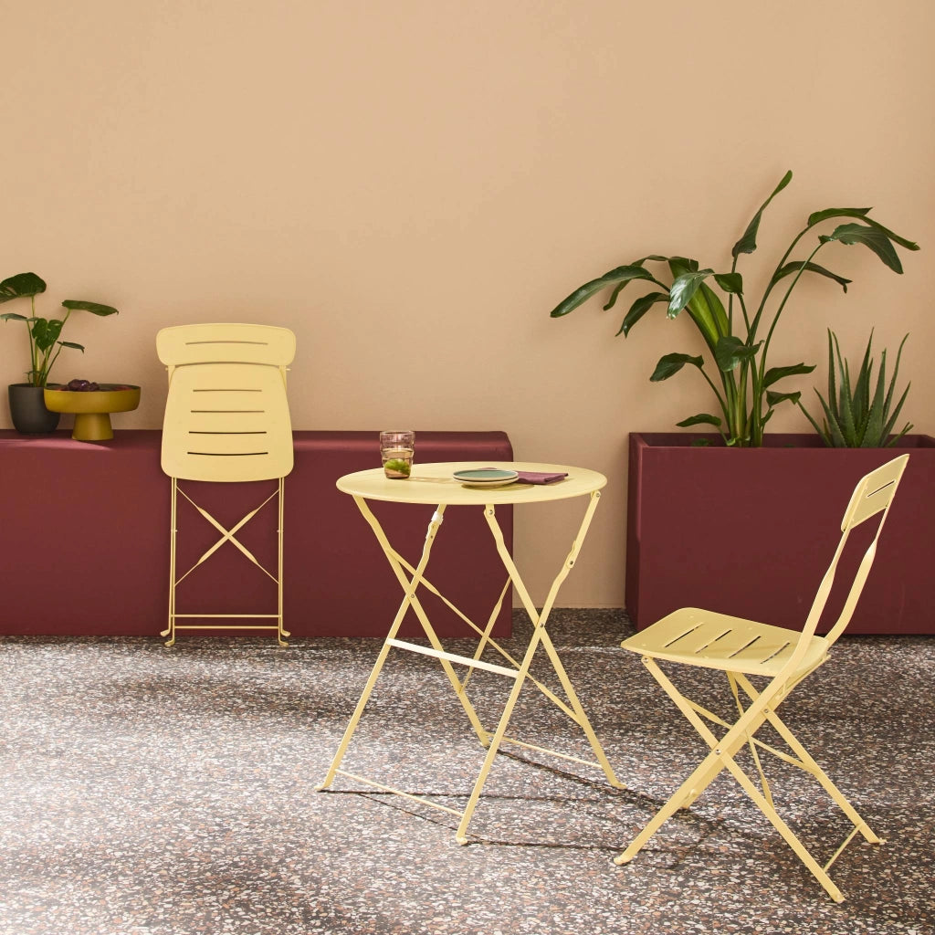 Set tavolo da giardino bistrot pieghevole rotondo in acciaio, 2 sedie,