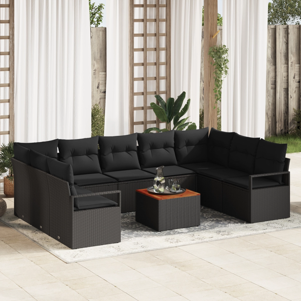 Set di Divani da Giardino  con Cuscini Neri in Polyrattan Acacia - 10 Pezzi