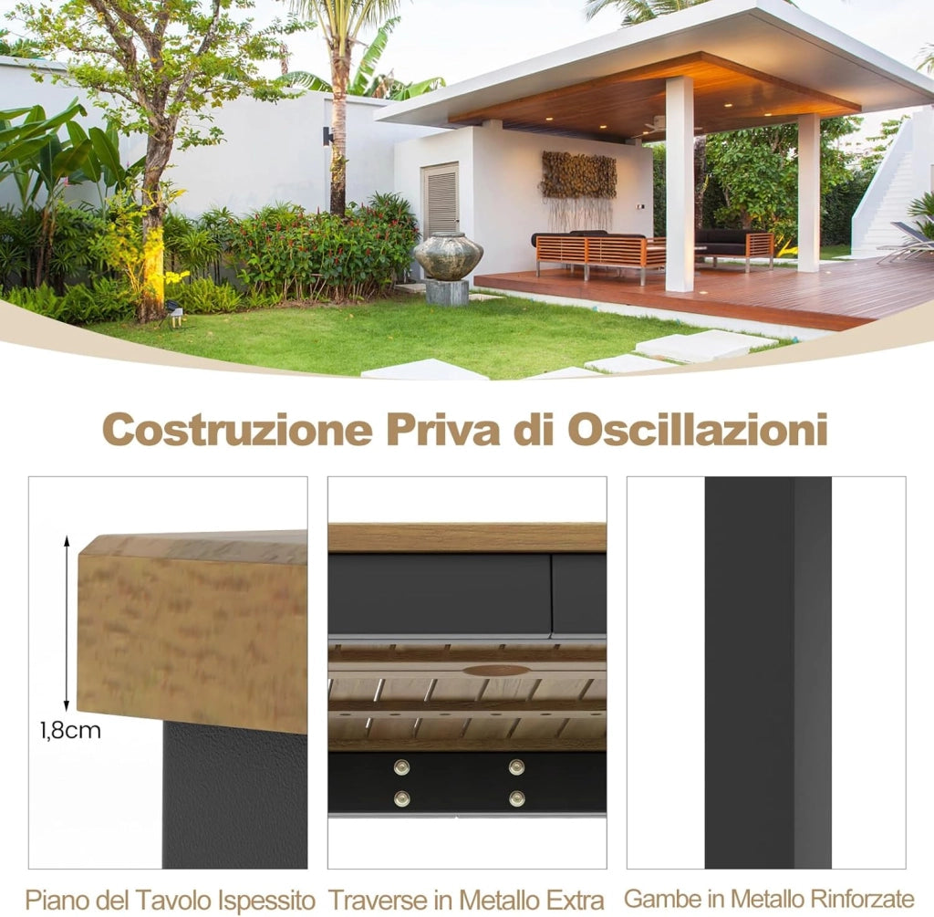 Tavolo da Pranzo a 8 Posti, Tavolo da Giardino 200 cm in Legno di Acacia, con Foro per Ombrellone da 5 cm, Gambe in Metallo, per Giardino, Cortile, Portata 75 kg (Modello 1)