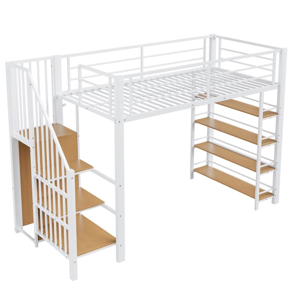Letto a soppalco 90x200 cm in metallo bianco con scala; guardaroba e ripiani