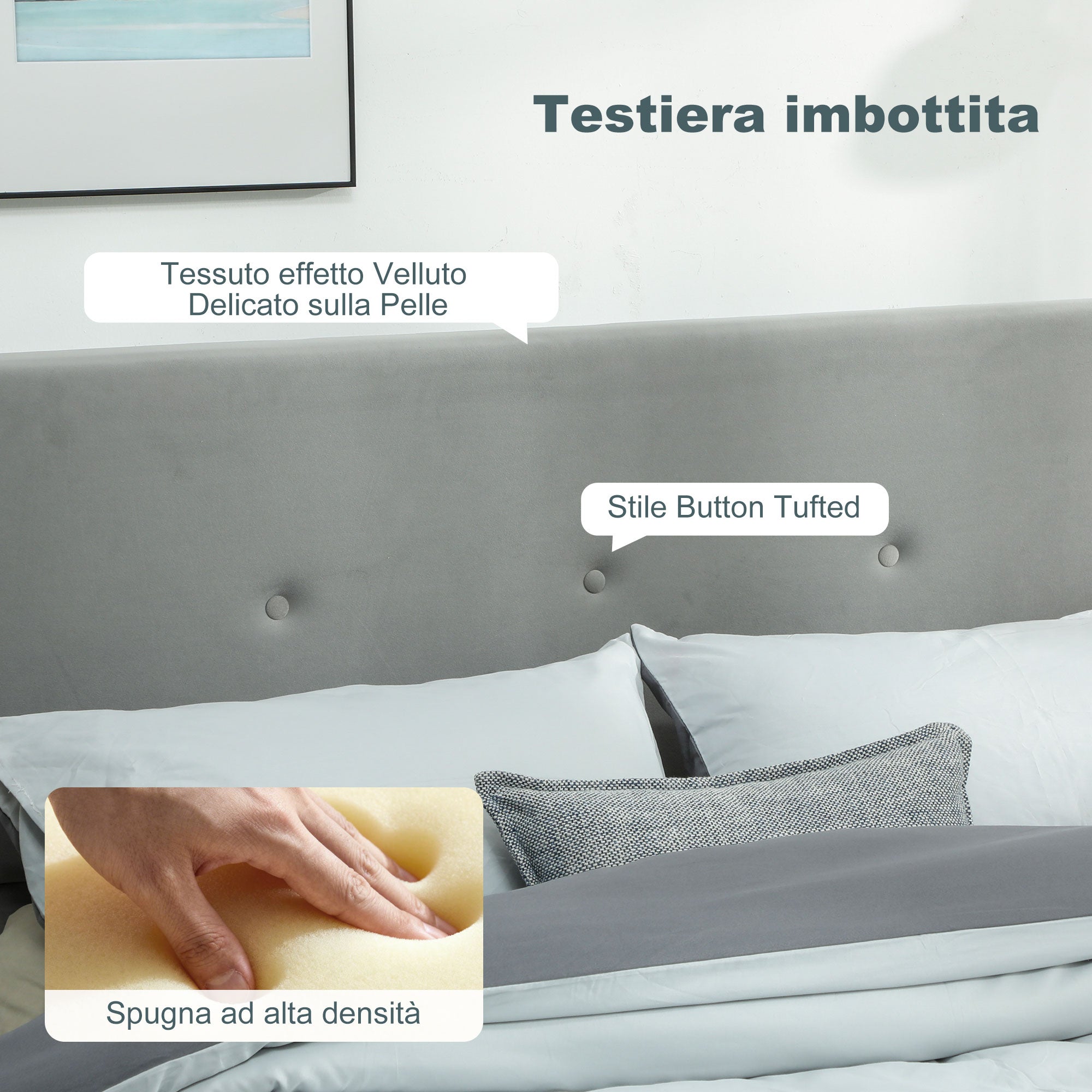 Letto a 1 Piazza e Mezza Contenitore 195x141x106 cm con Spazio a Scomparsa e Testiera Vellutata a Trapunta in Legno e