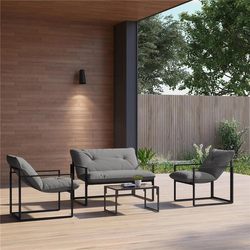SET DA GIARDINO 4 PEZZI CON DIVANETTO, 2 POLTRONE E TAVOLINO, IN ACCIAIO, POLIESTERE E COTONE PP, NERO E GRIGIO