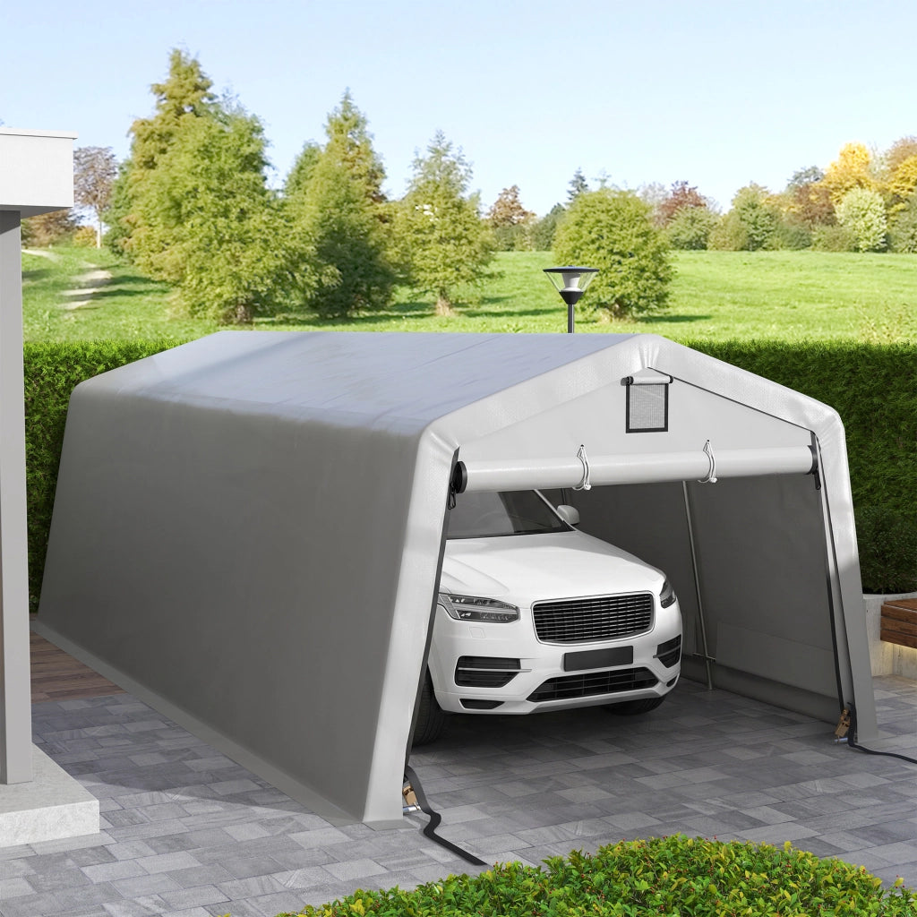 Tendone per Auto e Feste con 2 Finestre Laterali. in Acciaio Zincato e PE. 618x265/330x240 cm. Grigio Chiaro