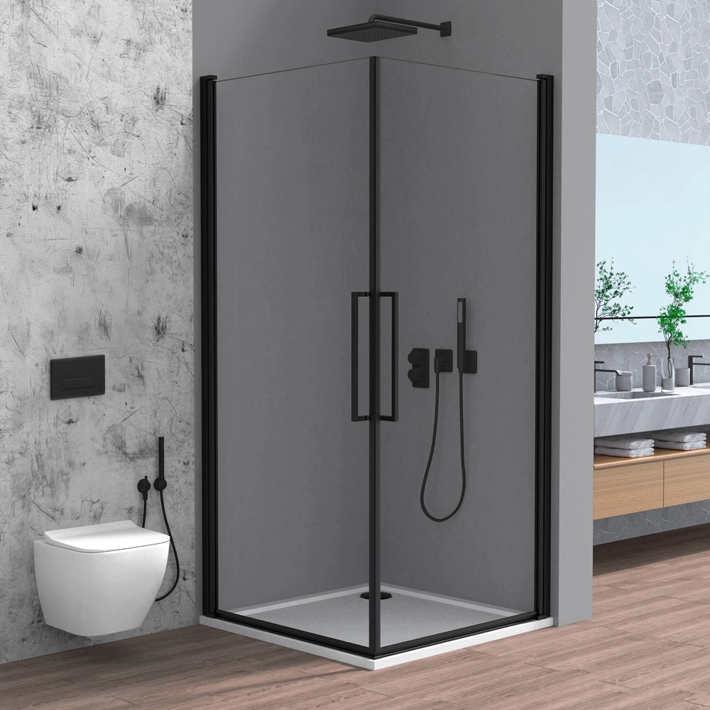 Box doccia angolare 70x70 in vetro temperato  doppio battente con profili nero Neos