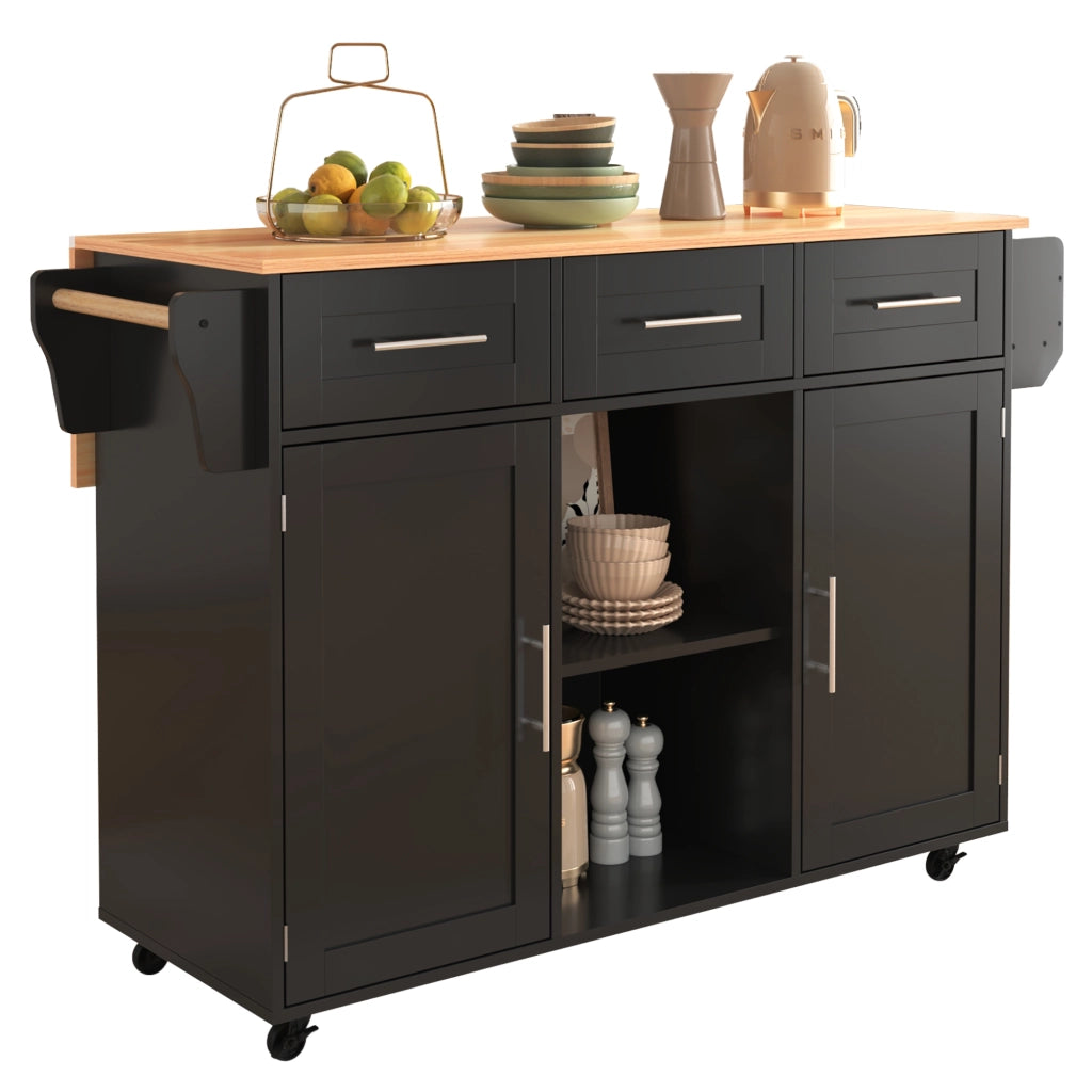 Carrello Isola Cucina 139x46/71x91;5 cm Nero con Piano Pieghevole; 3 Cassetti; Armadietti e Ruote