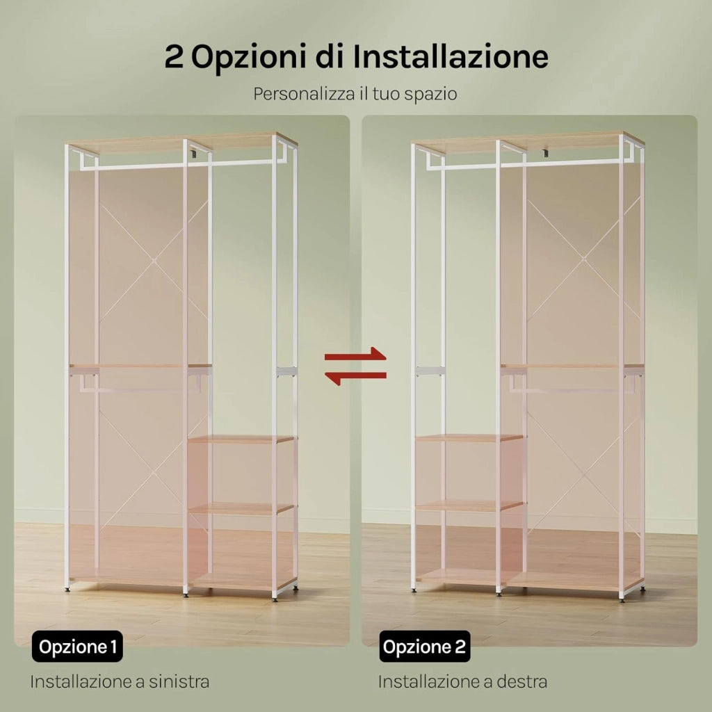 Porta Abiti in MDF e Acciaio, Appendiabiti con Scaffali, Attaccapanni Moderno, Guardaroba Armadio Bianco 90x40x204,5 cm