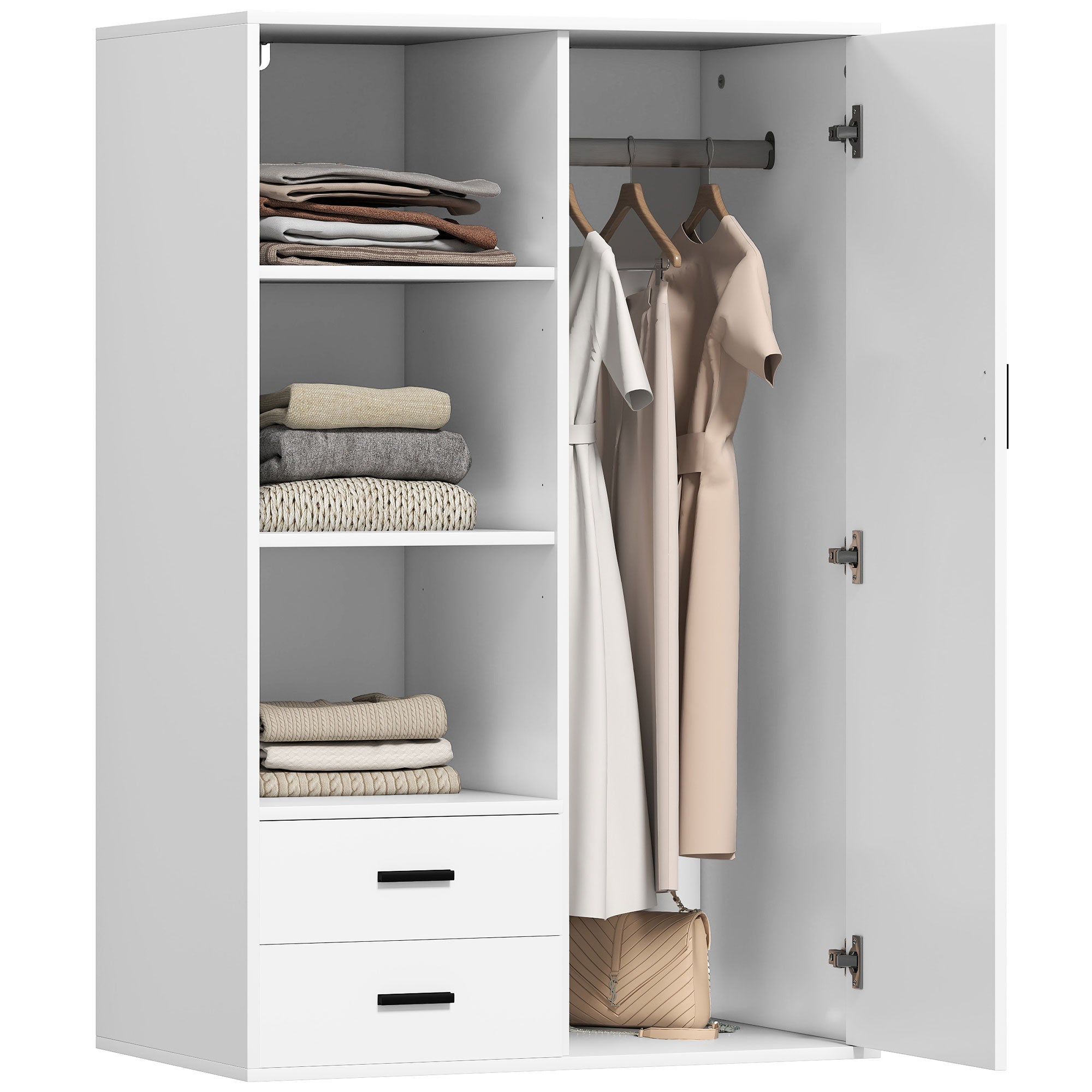 Armadio Moderno 80x50x124 cm Appendiabiti Cassetti e Mensole in Truciolare Bianco