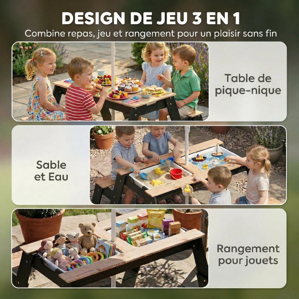 Set da Giardino per Bambini con Parasole e 2 Panche ¨C Zephmum ¨C Legno Naturale 3-6 Anni