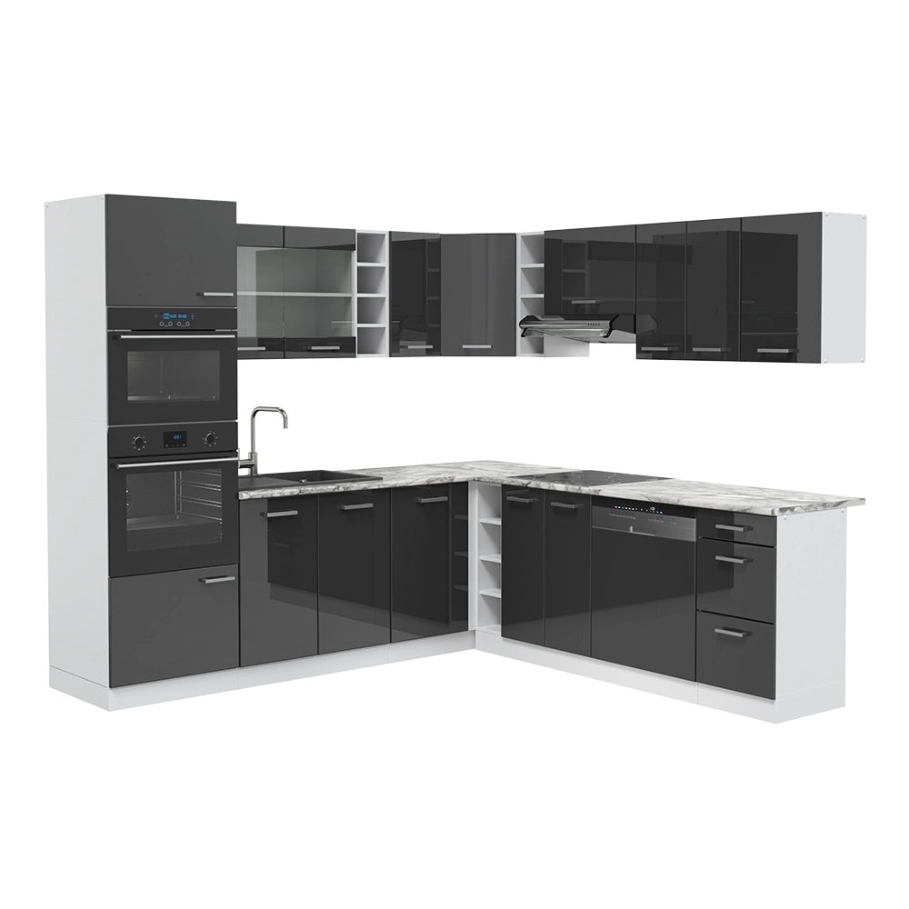 Cucina angolare completa R-Line Antracite lucido/Bianco 247 x 237 cm, PL Marmo Vicco