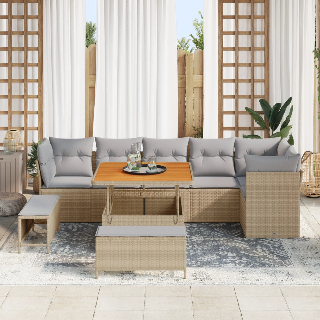 Set di Divano da Giardino  9 Pezzi con Cuscini Beige Polyrattan Acacia