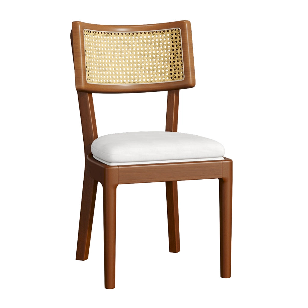 Set di 2 sedie da pranzo in legno massiccio con schienale in rattan e cuscino in lino, colore noce