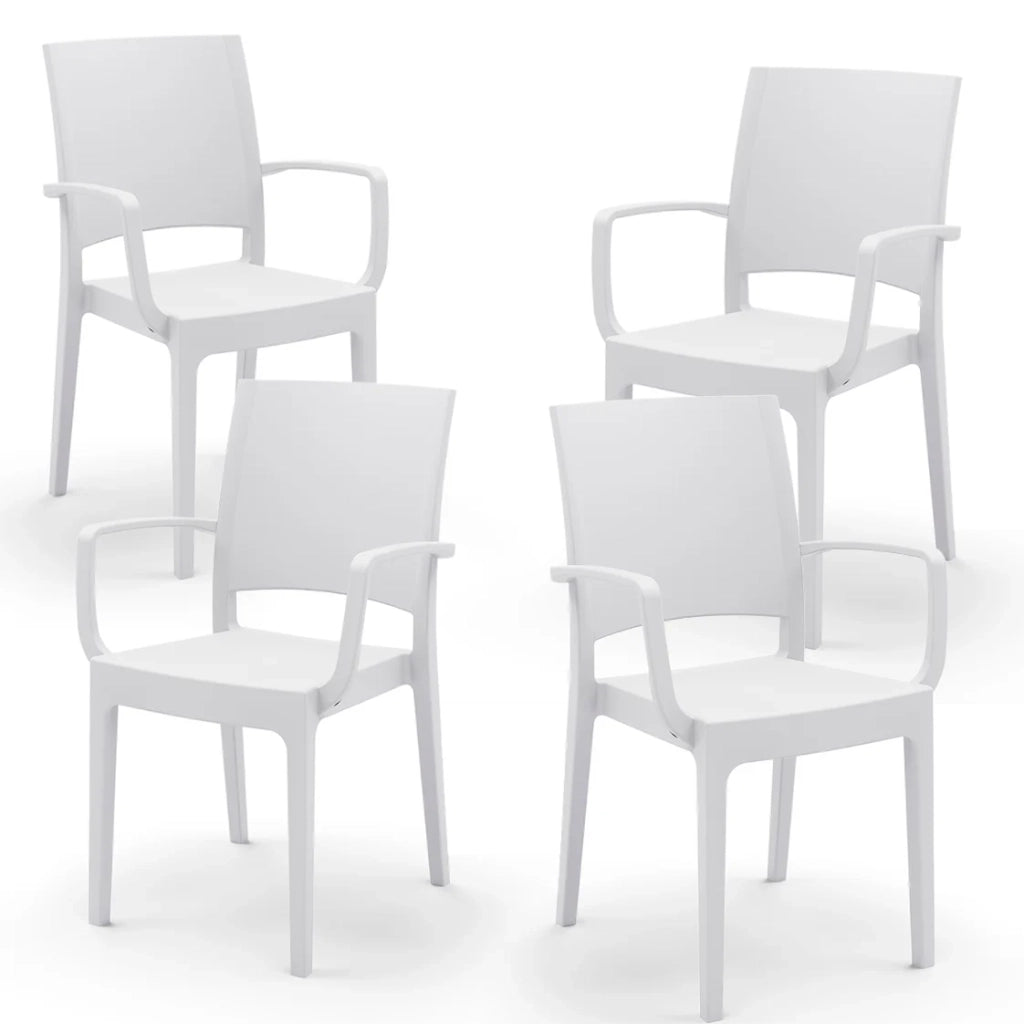 Set 4 sedie con braccioli in polipropilene FLORA, MADE IN ITALY, impilabile, resistente ai raggi UV, design moderno, ideale per interno ed esterno, colore Bianco