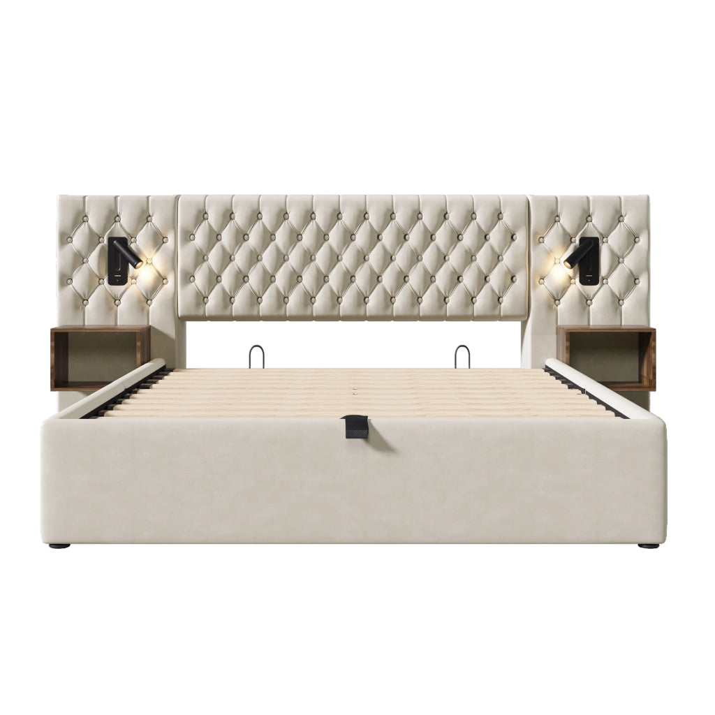 Letto contenitore matrimoniale 180×200 cm con 2 comodini; lampade da lettura; USB e Type-C; senza materasso; velluto beige