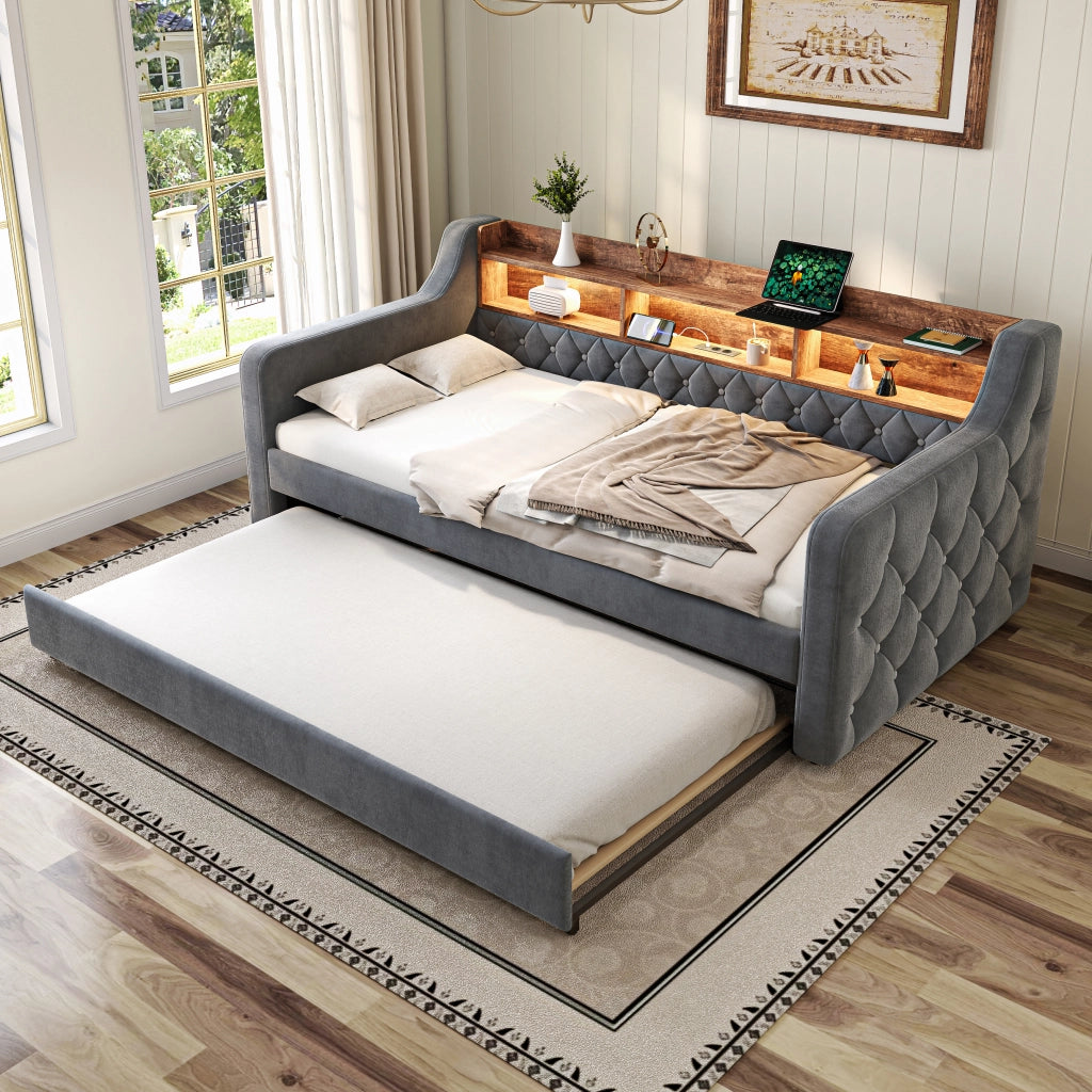 Divano letto in velluto con contenitore e LED, 90x190 cm, grigio