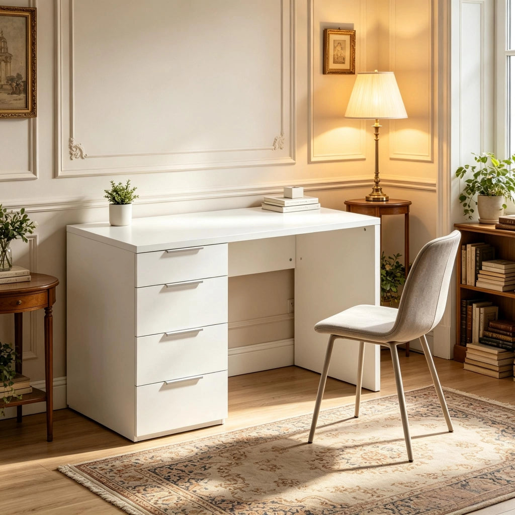 Scrivania dritta con 4 cassetti in pannello truciolare bianco lucido per ufficio e studio 110 × 61.5 × 75 cm