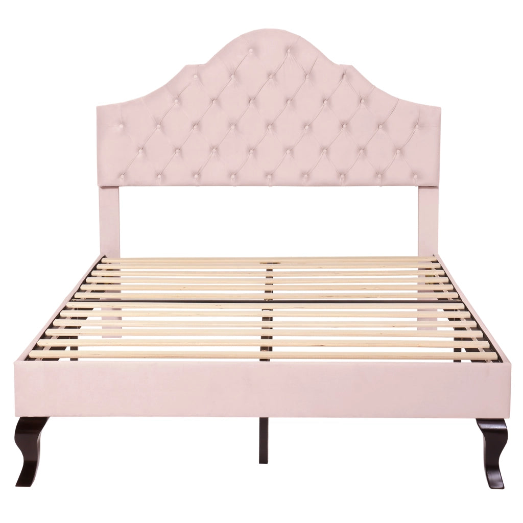 OKWISH Letto Matrimoniale 140×200 cm con Testiera Regolabile e Rete a Doghe, senza Materasso, in Velluto, Rosa