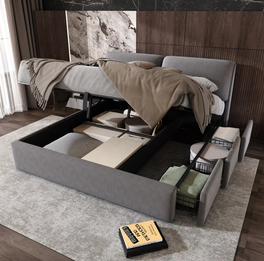 Letto con contenitore 160x200 cm; 3 cassetti; in velluto grigio