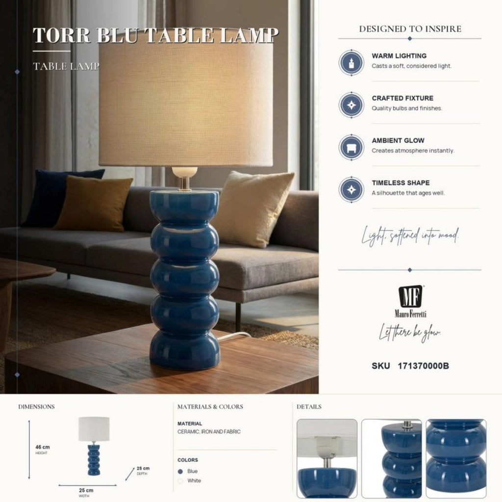 Lampada da tavolo Torr in ceramica blu lucida e tessuto
