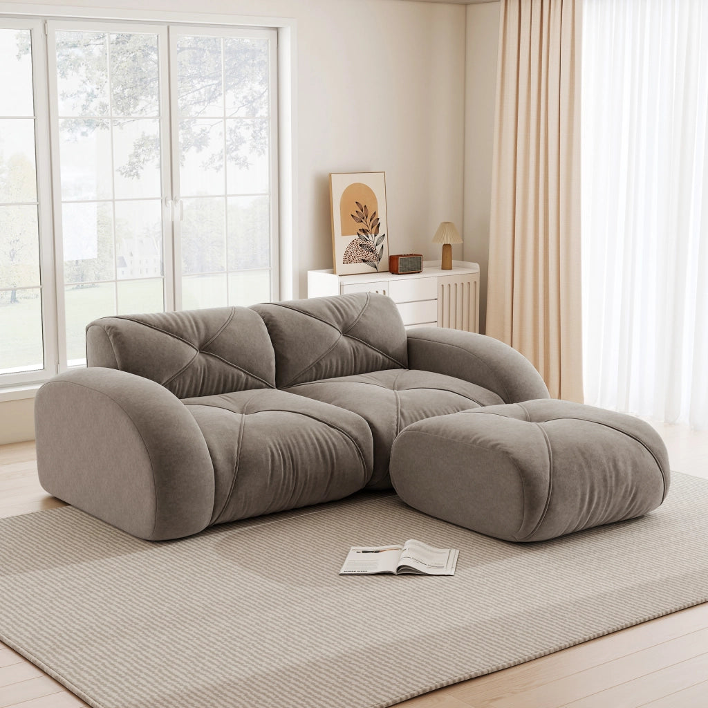 Divano modulare a 2 posti con pouf in chenille, schiuma 32D ad alta densità, design antiscivolo, taupe