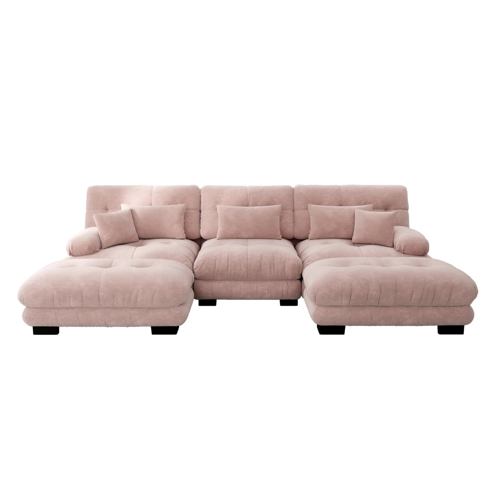 Divano angolare modulare a U con pouf, seduta profonda e cuscini, per soggiorno, in ciniglia rosa
