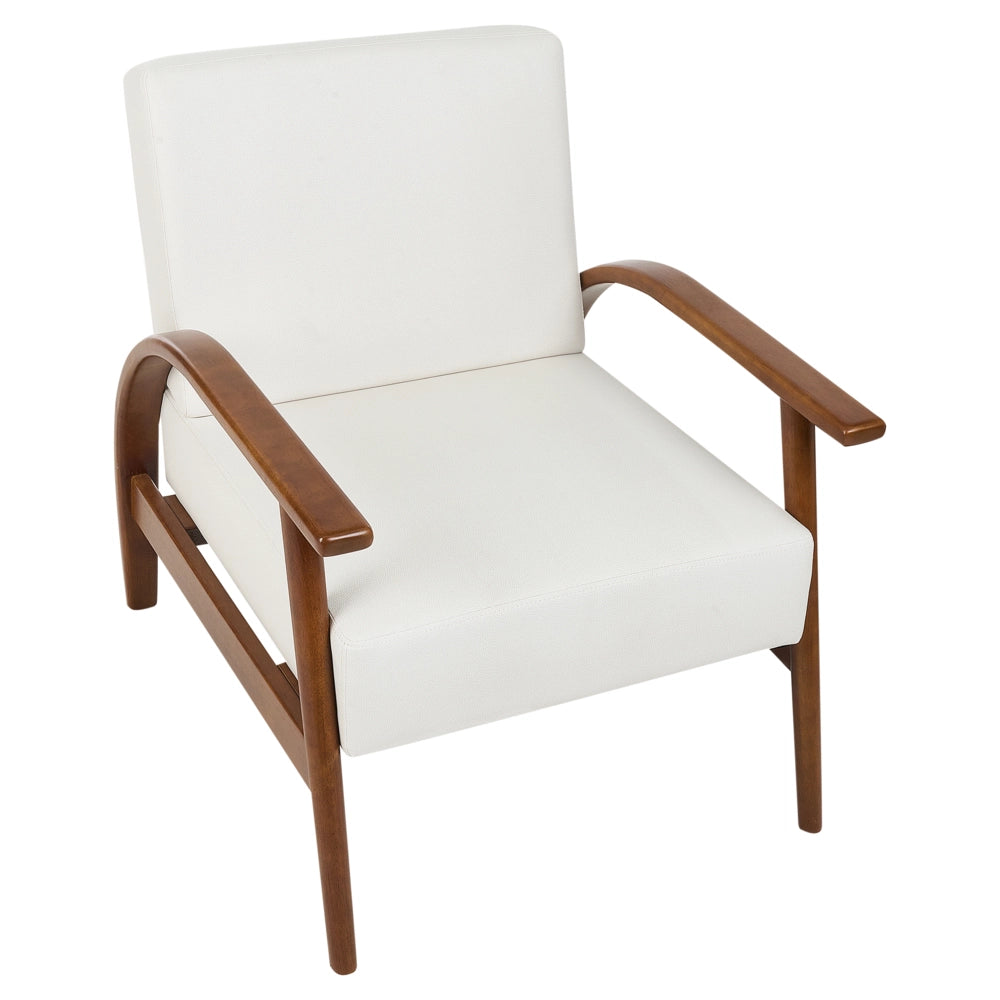 Poltrona bianco sporco in ecopelle con gambe in legno, braccioli e cuscino Retro Classico Soggiorno Tradizionale