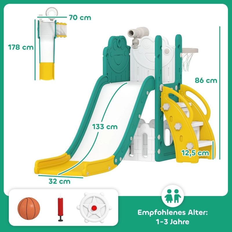 Scivolo per bambini 5 in 1 con canestro, telescopio e box portaoggetti, HDPE, giallo