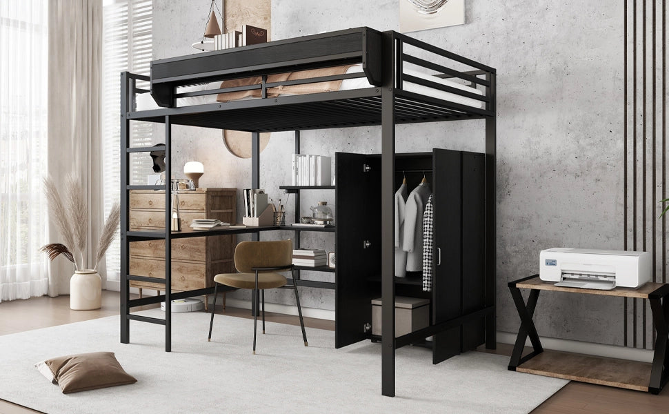 LETTO A CASTELLO 140x200 cm Nero in MDF e Metallo con scrivania e armadio