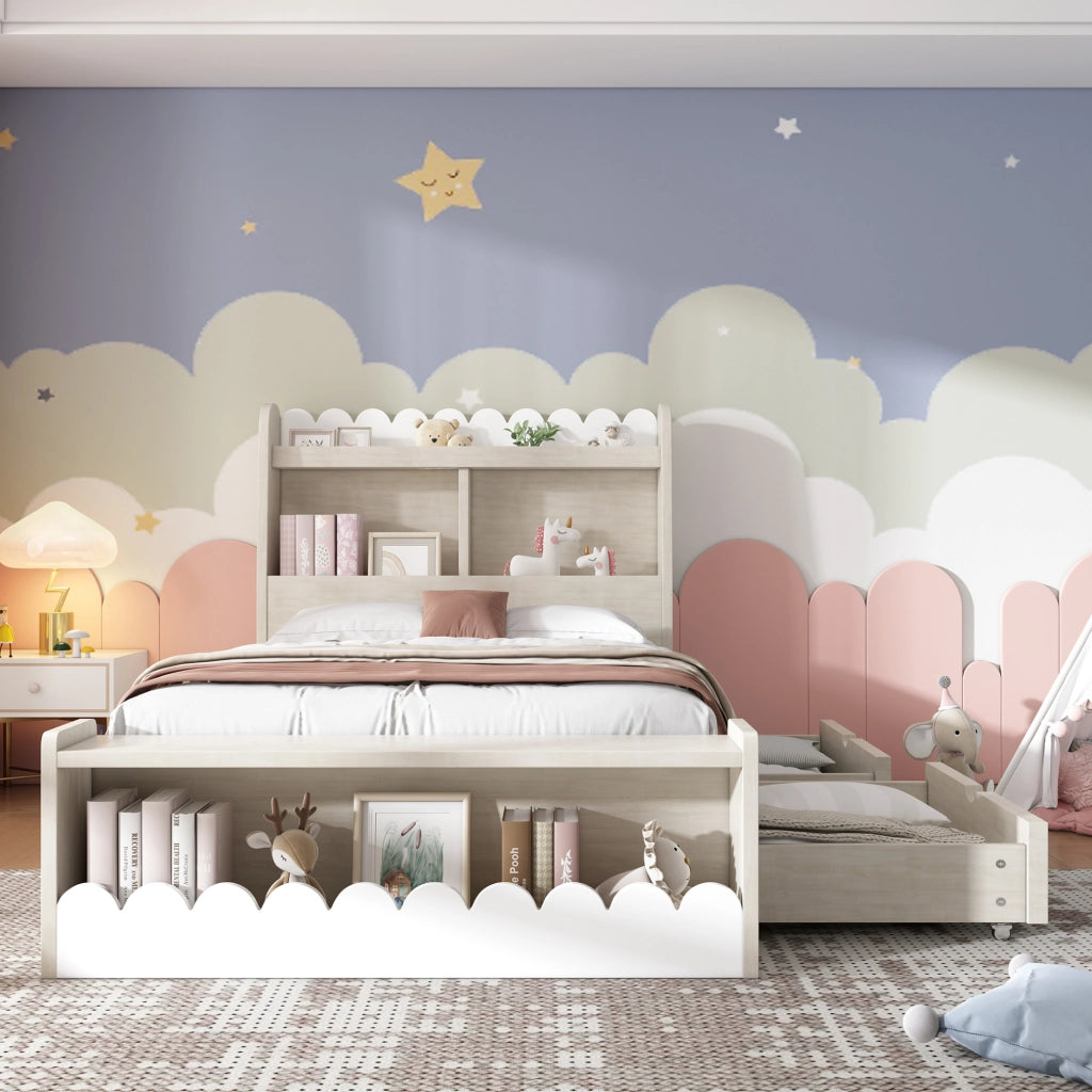 Letto singolo 90x200 cm con cassetti e ripiani; legno massello e MDF bianco e rovere
