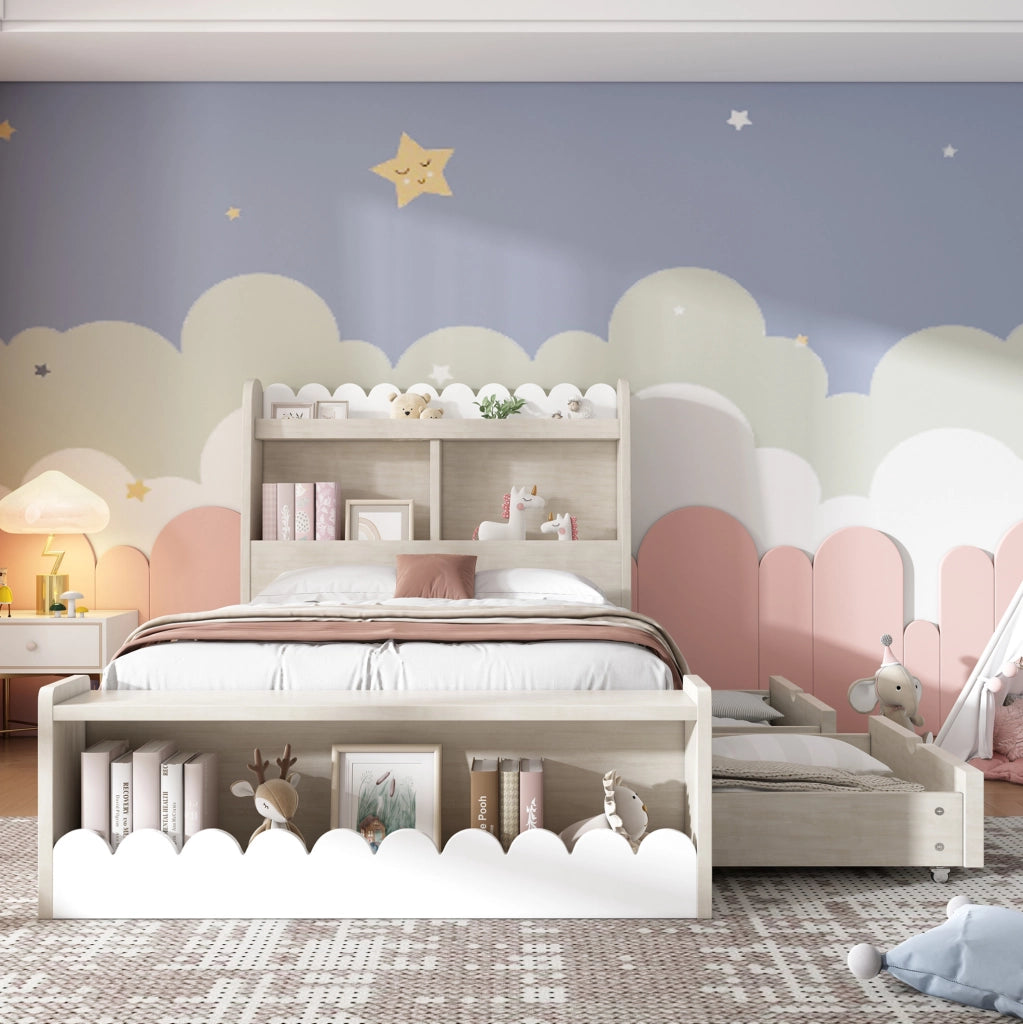 Letto singolo 90x200 cm con cassetti e ripiani; legno massello e MDF bianco e rovere