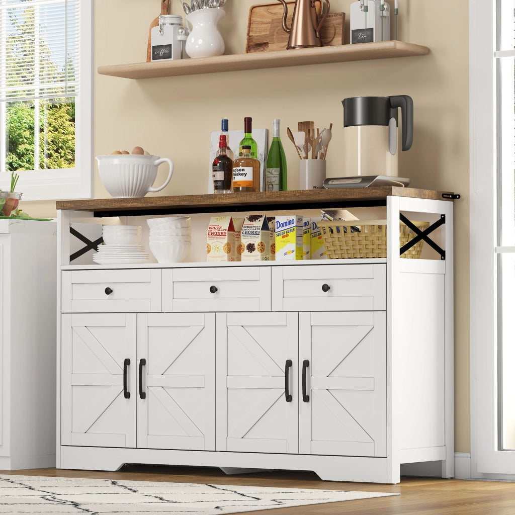 BUFFET 140x35x95 cm con 3 cassetti e 2 armadi, MDF Marrone/Bianco