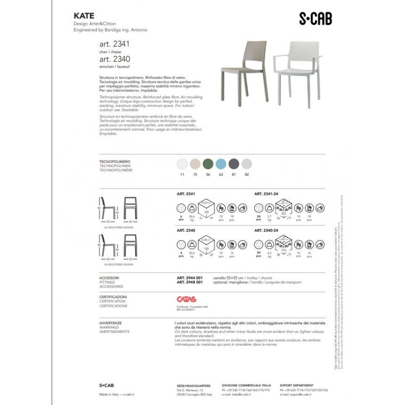 SET 4 SEDIE KATE CON BRACCIOLI TECNOPOLIMERO SCAB DESIGN - Verde oliva 56