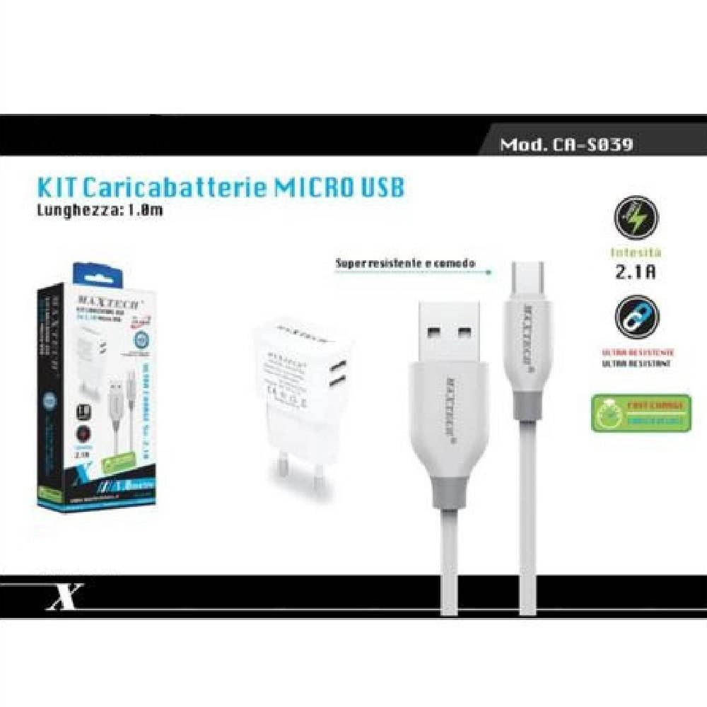 Trade Shop - Kit Caricabatterie Da Muro 2 Porte Usb 2.1a + Cavo Micro Usb 1mt Maxtech Ca-s039 -