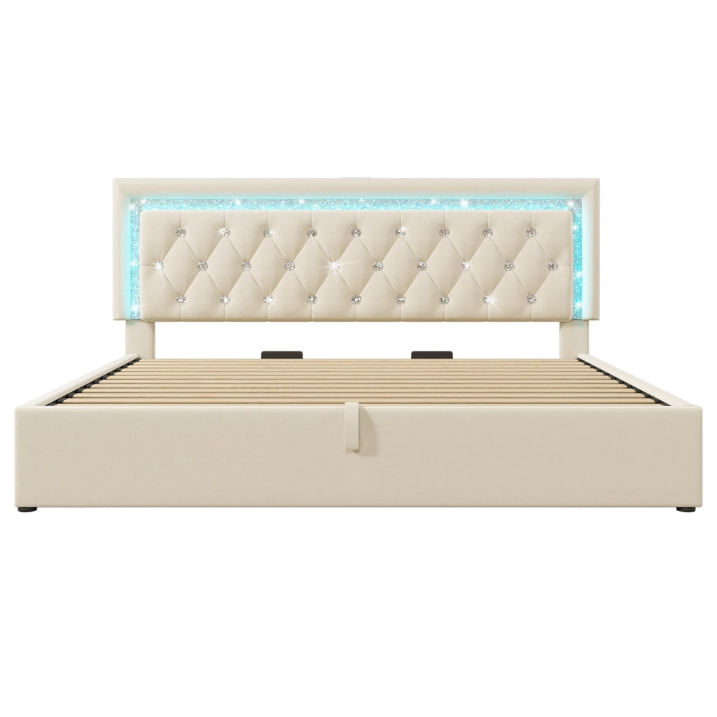 Letto Matrimoniale 180x200 Beige in Velluto con Contenitore Idraulico; LED; USB Type-C