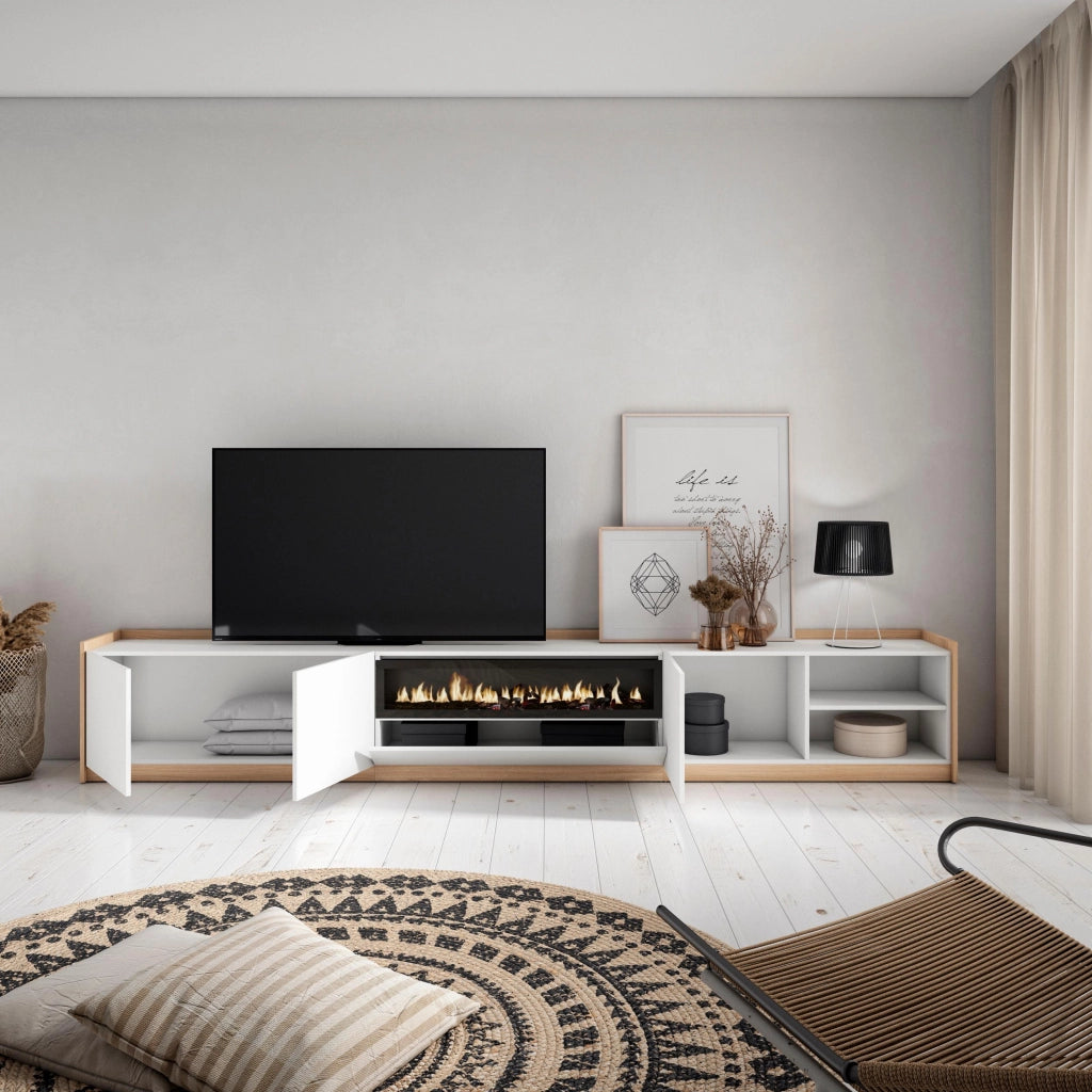 Mobile TV Soggiorno, 310x50x37 cm, Per TV fino a 80", Camino elettrico, Bianco e Rovere soft