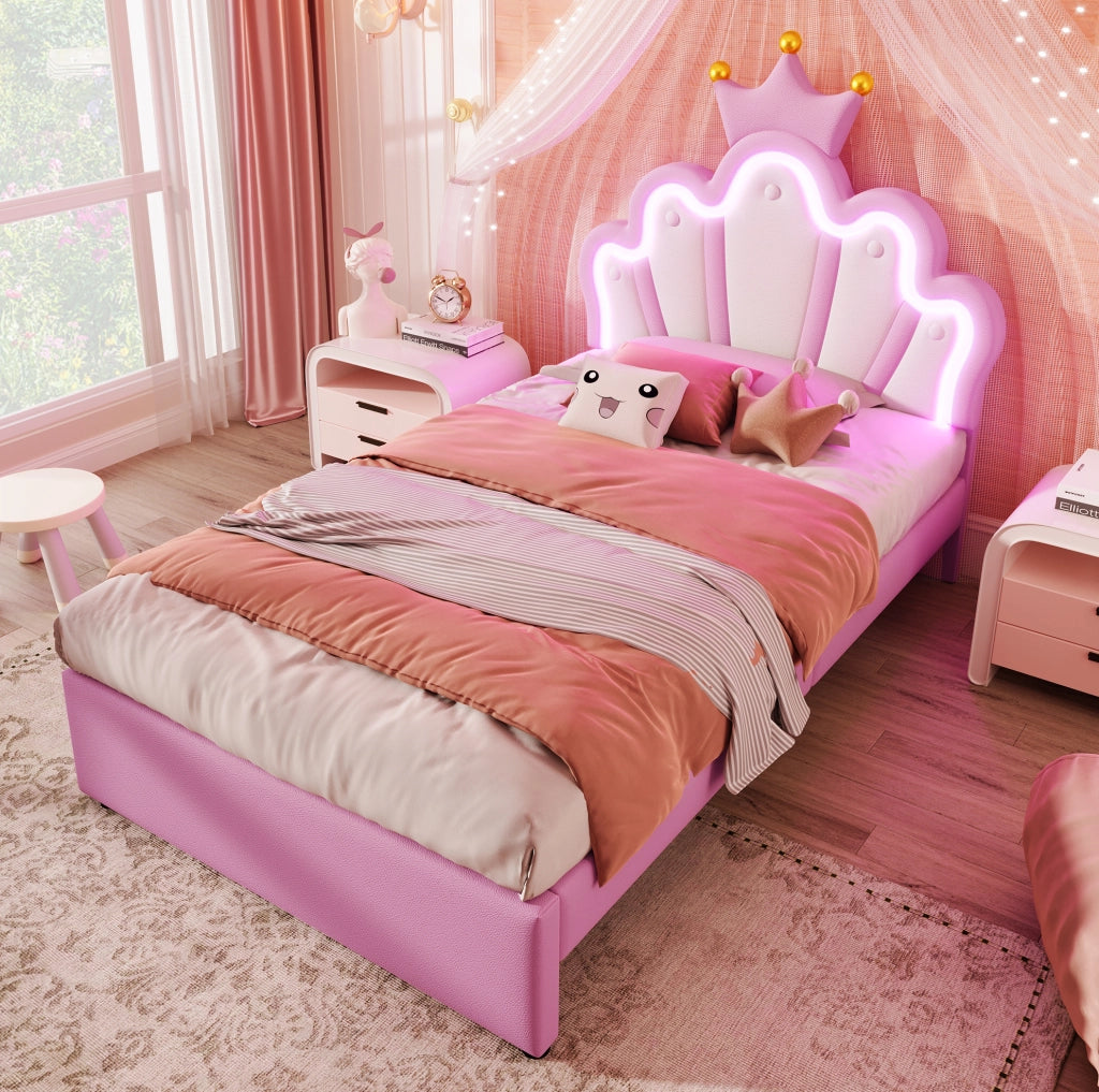 Letto imbottito 90x200 cm; testiera regolabile e luci LED; PU rosa (Senza materasso)