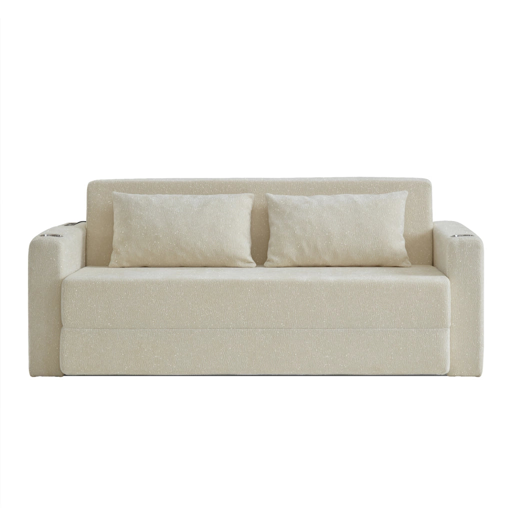 Divano letto 2 posti con funzione letto; USB; portabicchieri e tasche laterali in ciniglia beige
