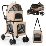 Passeggino per animali a 2 posti per 2 cani o gatti con 2 trasportini rimovibili-Passeggino 3 in 1 pieghevole per cani Beige
