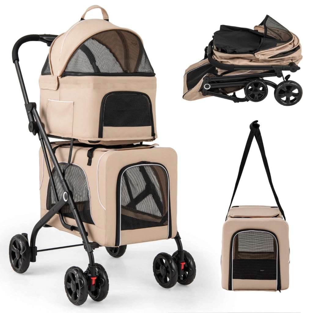 Passeggino per animali a 2 posti per 2 cani o gatti con 2 trasportini rimovibili-Passeggino 3 in 1 pieghevole per cani Beige